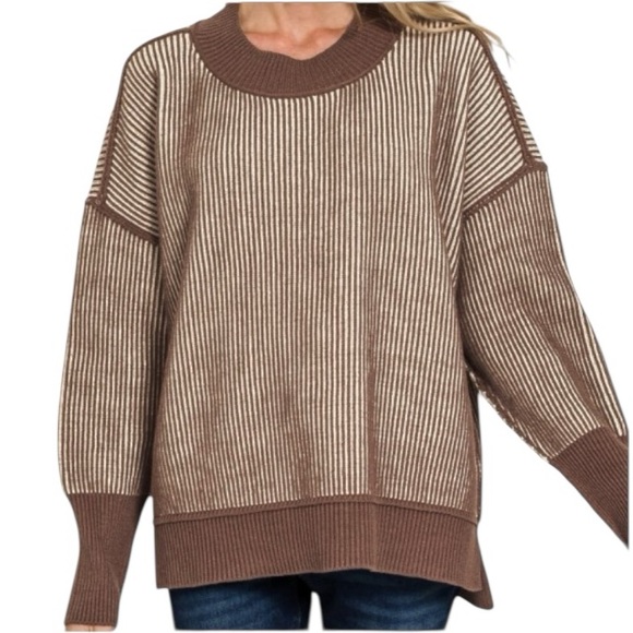 Sweaters - Striped Brown Crew Neck Sweater